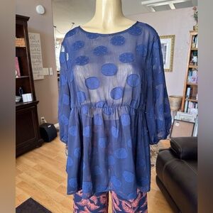 Bloomchic sheer navy blue polka dots elbow sleeves blouse-size 14